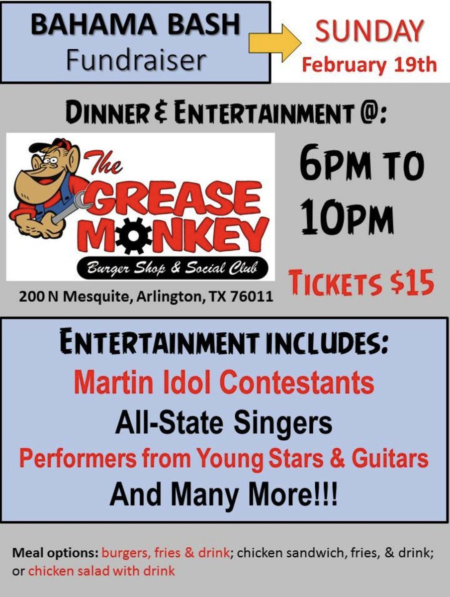 BahamaBash17's tweet photo. See you at GREASE MONKEY Sunday night! Remember, no school on Monday!! thanks for supporting Bahama Bash!! #martinbash17 https://t.co/4RLCoyvMWM