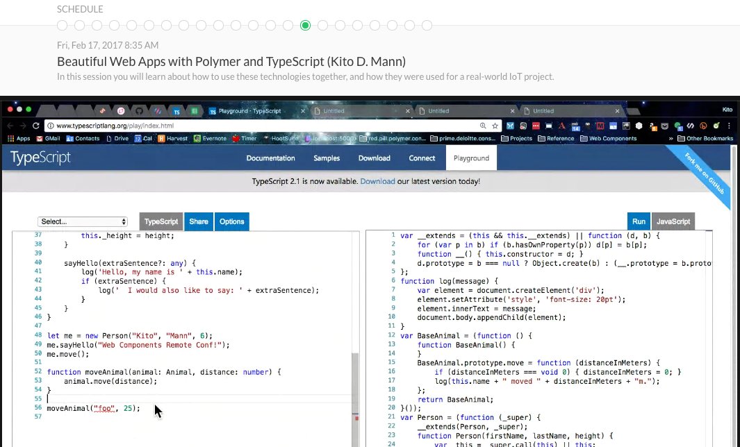 wcremoteconf's tweet image. Want to build apps with @polymer and @typescriptlang? @kito99 is talking about that very topic now!