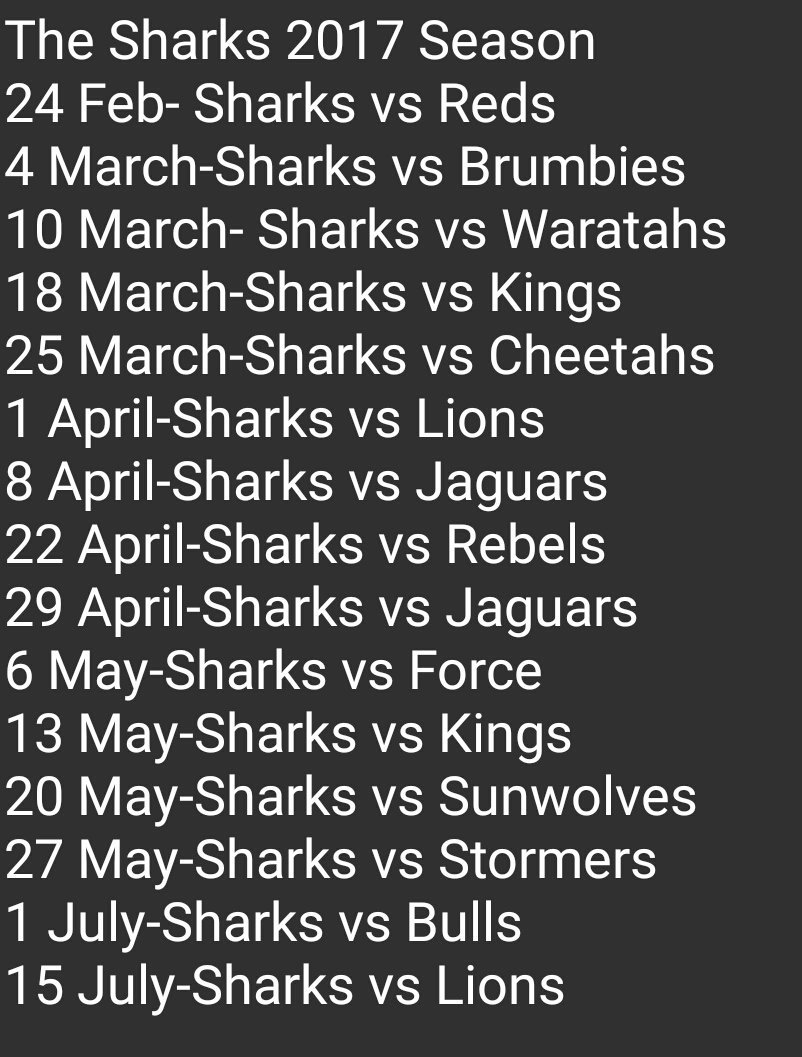 The Sharks 2017 Season All 18 Rounds fixtures in one picture #blackandwhite