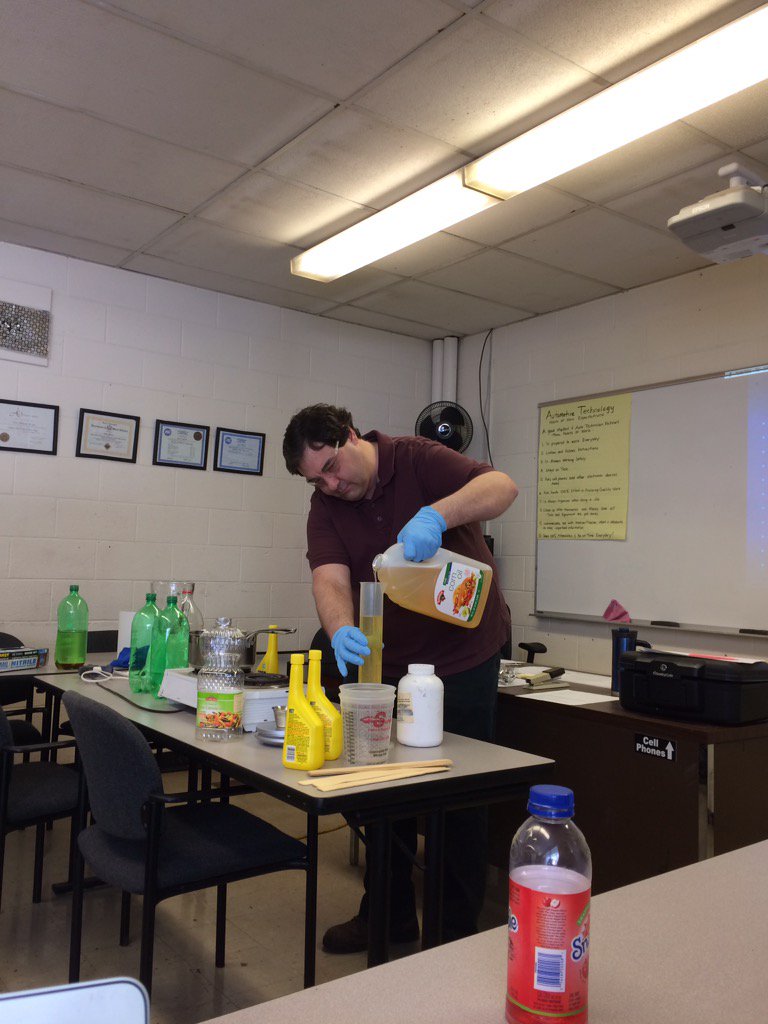 Mr. Martin teaching our Auto Tech students how to make bio-deseil fuel.