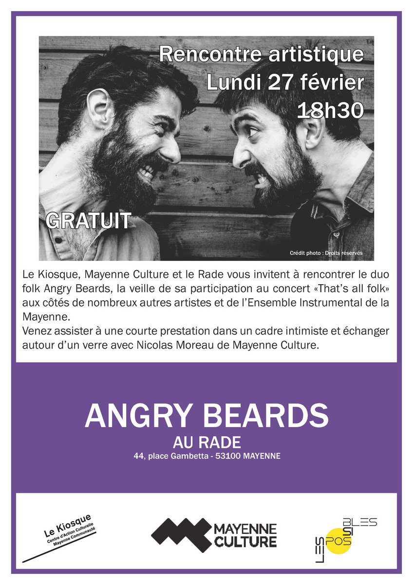 #thatsallfolk : rencontre avec @angrybeards2, le lundi 27 février à 18h30 au Rade. #Mayenne @Kiosque_Mayenne @LesPossibles53