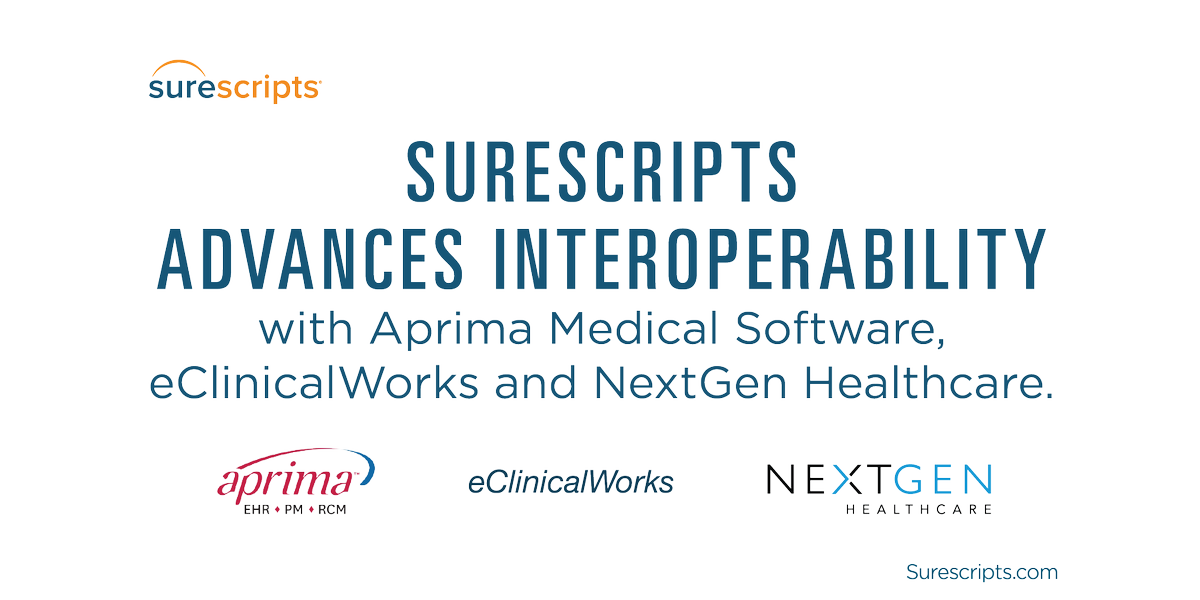 Surescripts's tweet photo. W/ NRLS @AprimaMedEHR @eClinicalWorks @NextGen can provide care teams w/more complete patient med histories https://t.co/N2S8cK3U5K #HIMSS17 https://t.co/UbevqYWx1U