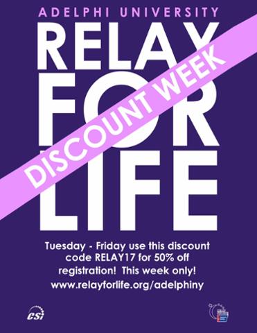 AdelphiU's tweet image. Today is the last day to receive 50% off of your registration fee for Relay for Life! Code: RELAY17 #AdelphiRelay