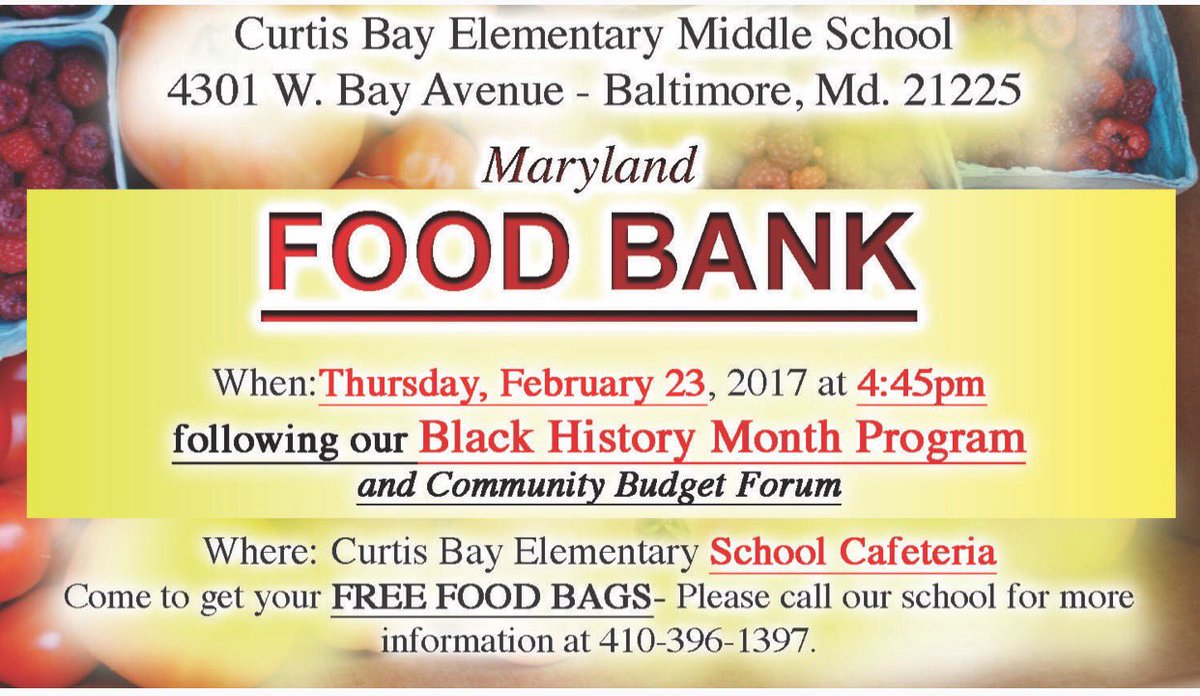 Come to our MD FOOD BANK- 2/23/17 at 4:45pm- Directly after the 2:45pm Black History Program and COMMUNITY BUDGET FORUM!! <a href="/cbemschool/">CBEMS</a>