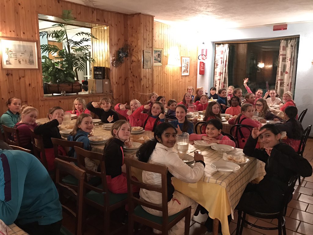 Safely back from our last lesson and ready for dinner before a skidoo ride up the mountain for hot chocolate