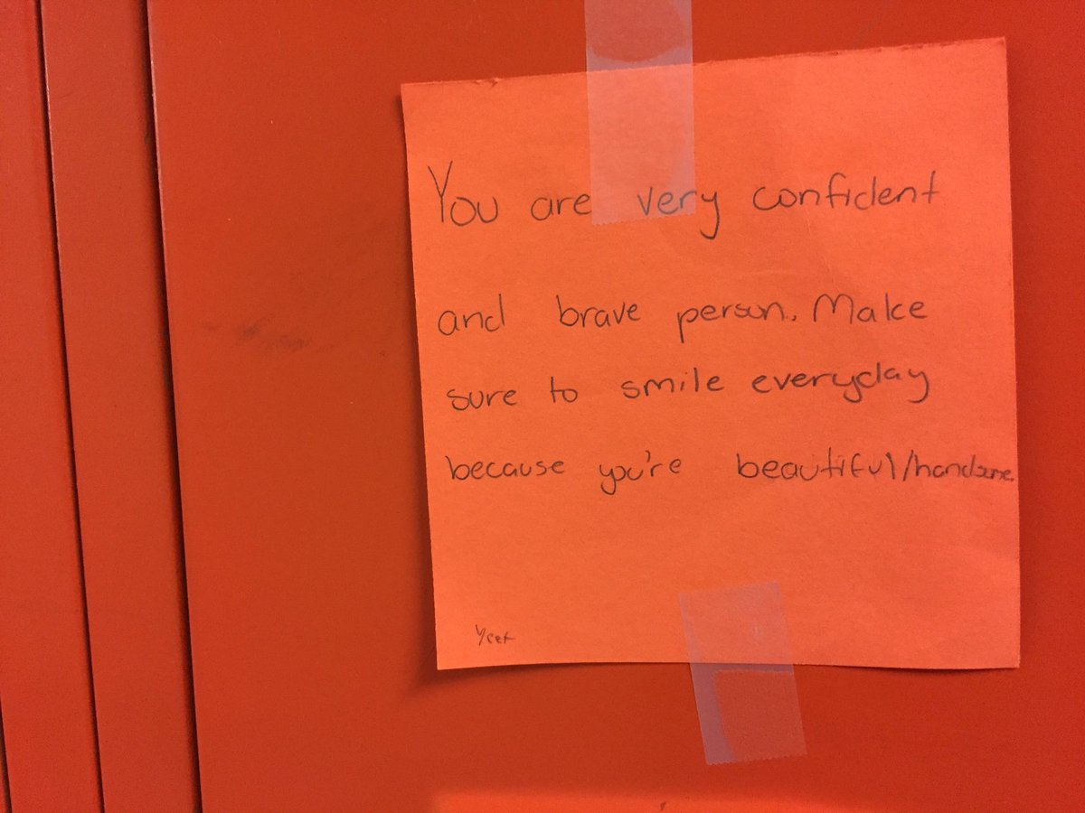 ptwright's tweet image. Students at Aycock Middle are participating in Random Acts of Kindness Week. Check out notes they're leaving on lockers! @WFMY @GCSchoolsNC