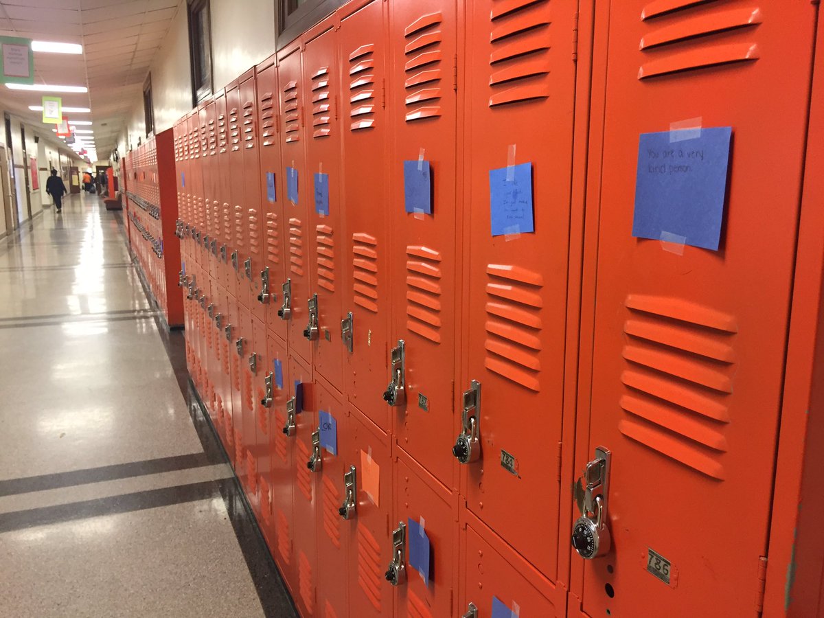 ptwright's tweet image. Students at Aycock Middle are participating in Random Acts of Kindness Week. Check out notes they're leaving on lockers! @WFMY @GCSchoolsNC