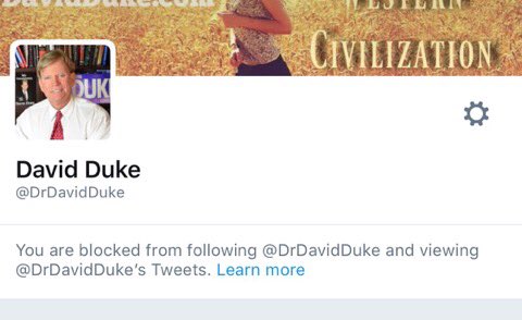 prostheticlives's tweet photo. Fascist fuck @DrDavidDuke has blocked me for retweeting a tweet of someone else he blocked. He's a gutless fucking snowflake. https://t.co/ucYTMgvbtb
