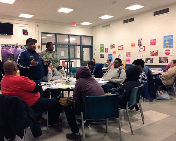 CommPACTSchools's tweet photo. Steve Nelson (left), former officer at Bassick, speaking for CT Againt Violence about the importance of showing empathy. #CommPACT https://t.co/xiHjTYdpBv
