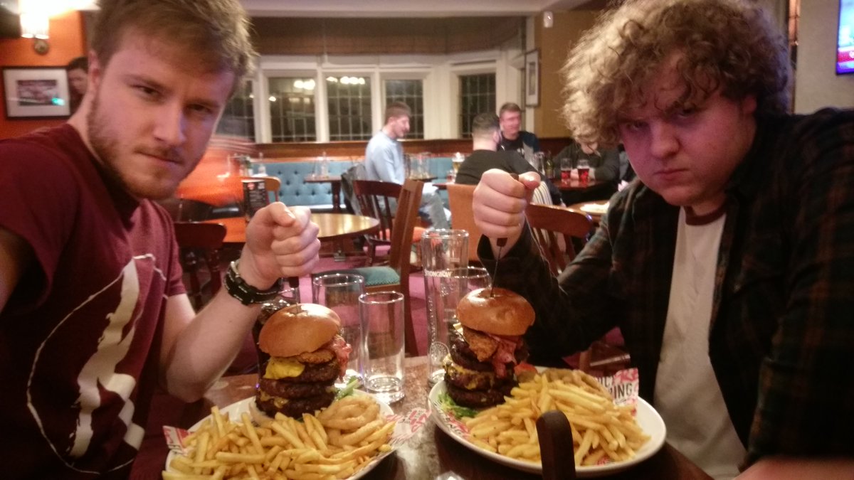 WriterAdamSmith's tweet photo. People of Twitter, @Matt_Sedgley &amp; me need your words of motivation if we are to survive this ordeal!

#Burger #AnotherBurger #ExtraBurger https://t.co/ml0X33fwwk