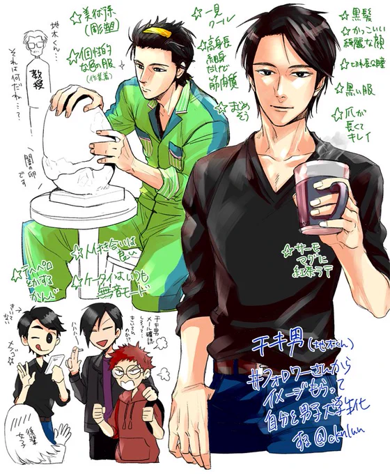 チキ男。割と普通男子になってしまった。
多分二面性で外面がいい奴。揃うと口が悪くなるのでルー男とは猛毒コンビと呼ばれ、まる男を可愛がっている(勝手に妄想)
彫塑作業中はやたら派手で目立つつなぎを着ている。こんな感じか。
#フォロワーさんからイメージもらって自分を男子大学生化する 