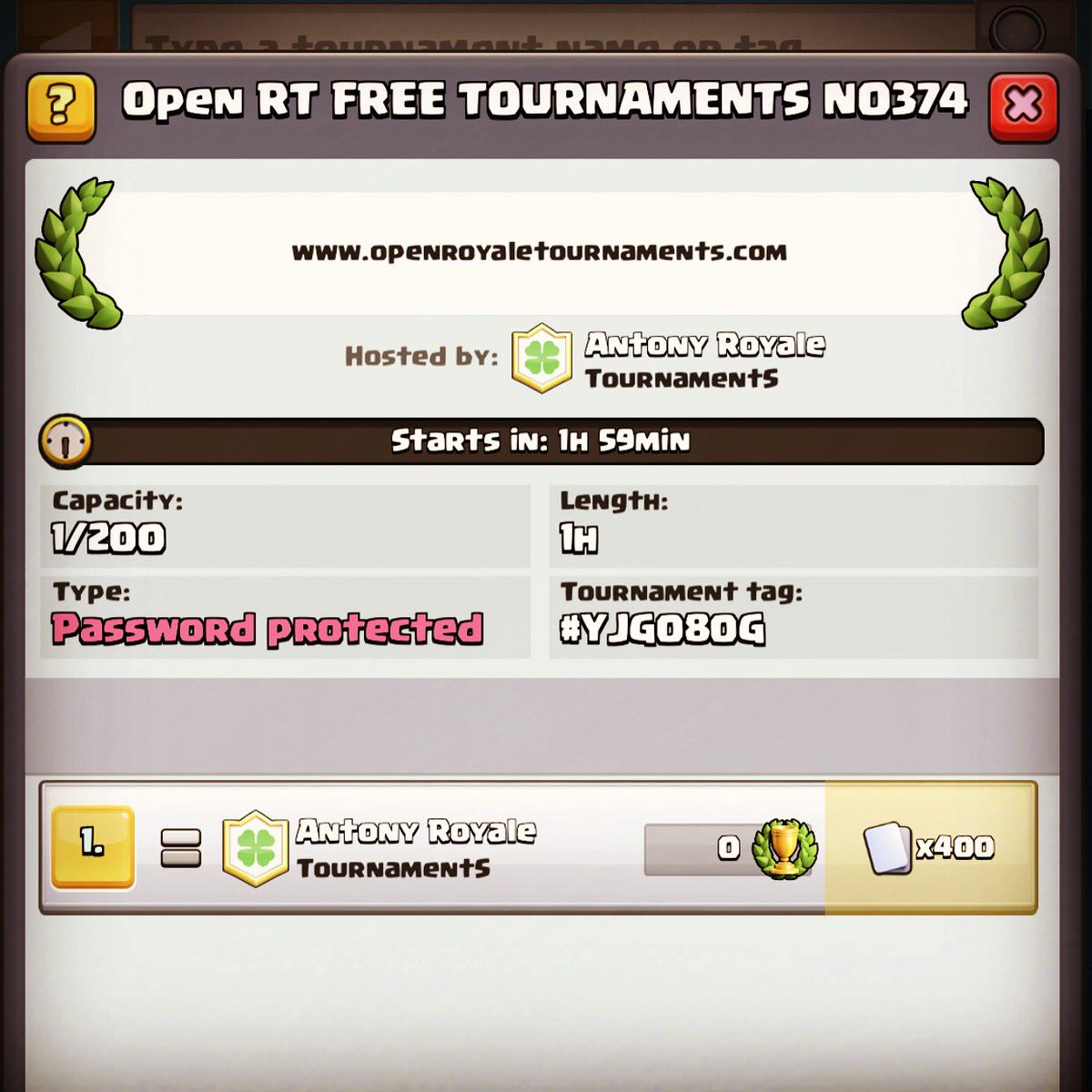 No 374 is live on openroyaletournaments.com you can find easily new tournaments and the passwords #openroyaletournaments #clashroyale