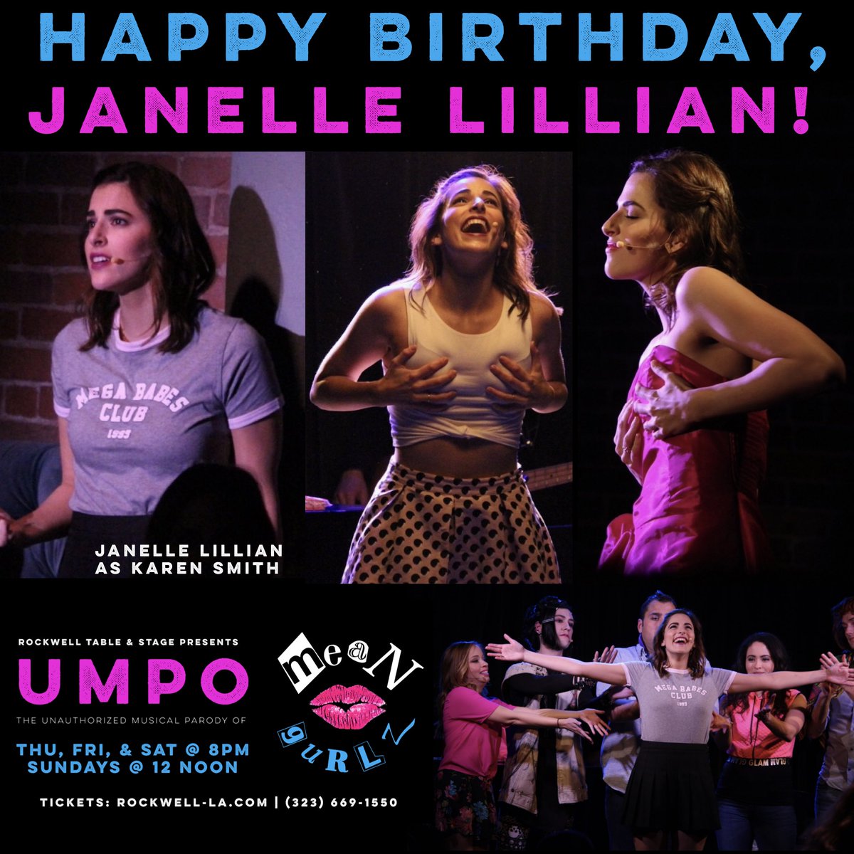 UMPOSeries's tweet photo. It's @JanelleLillian's bday! Her psychic boobs say it's gonna be a great show!💅🏼🎤😂💋👜👠👚😈 #umpomeangurlz #musicalparody #hitshow #theplastics https://t.co/v2h2VD1uuB