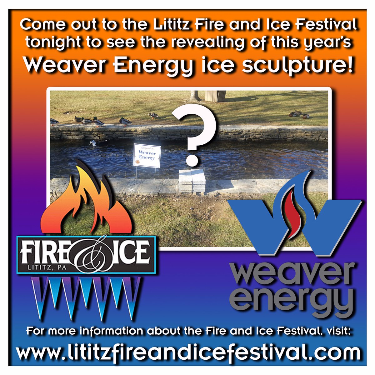 Come out to the Lititz Fire &amp; Ice Festival tonight to see the revealing of this year's Weaver Energy ice sculpture!
lititzfireandicefestival.com
