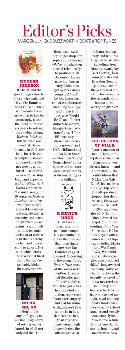 My Editor's Picks from the Winter Issue of <a href="/HamiltonMag/">Hamilton Magazine</a> include <a href="/NiLLaMusic/">Night Phoenix</a> <a href="/OGCmusic/">OfGentlemen&Cowards</a> <a href="/DavePomfret/">Dave Pomfret</a> <a href="/jessy_lanza/">Jessy Lanza</a> #HamOnt