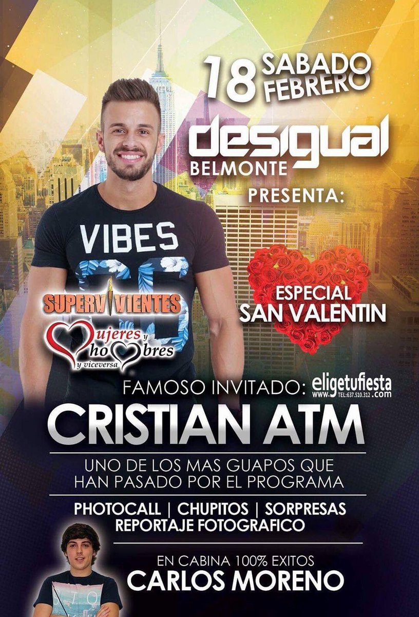 Sábado 18 estaremos con el guapo de <a href="/CristianATM/">Cristian ATM</a>  ex Tronista de #myhyv y #supervivientes en #SalaDesigual #Belmonte #Cuenca no faltes!!!!