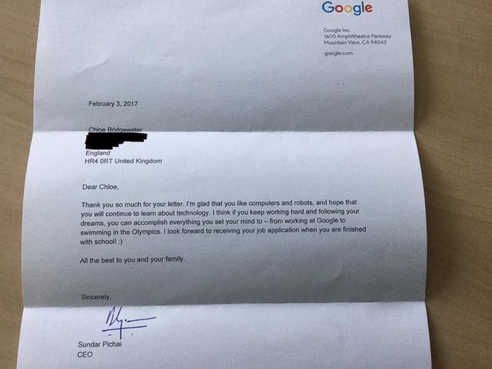 ABC's tweet photo. Google CEO responds to 7-year-old girl's letter asking for job; tells her to apply when she’s "finished with school" https://t.co/J4sNt7bqqa https://t.co/88jSn3KDUz