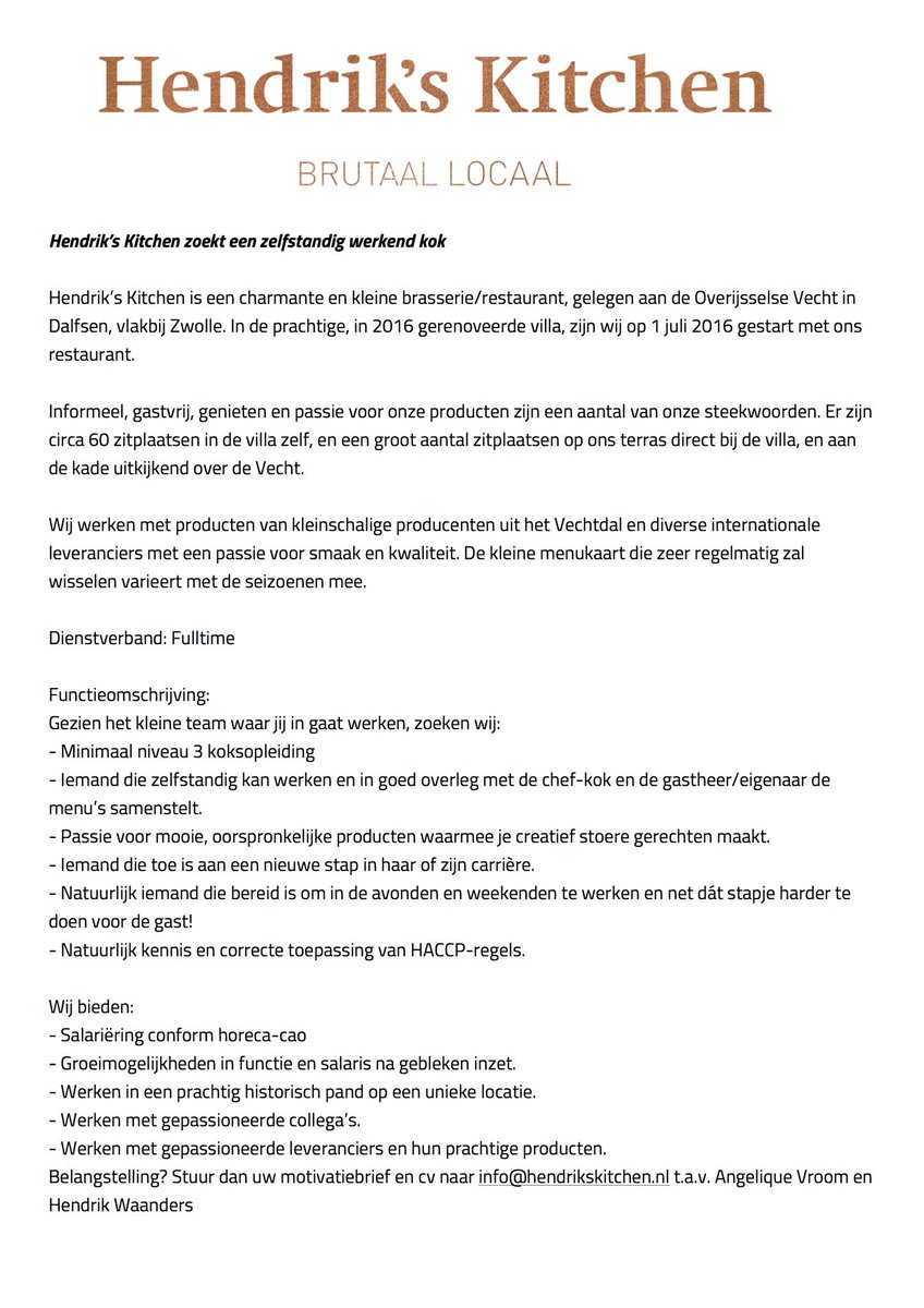 Wij zoeken een #zelfstandigwerkend #kok / #souschef voor ons prachtige #restaurant in #Dalfsen aan de #Vecht