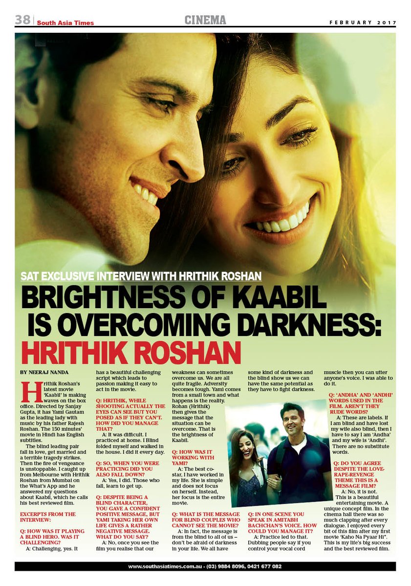 southasiatimes's tweet photo. SAT Editor NEERAJ NANDA interviewed B'wood biggie HRITHIK ROSHAN in Mumbai via What'sApp from Melbourne. Read it in the Feb '17 SAT. https://t.co/4vKiLpSEdN