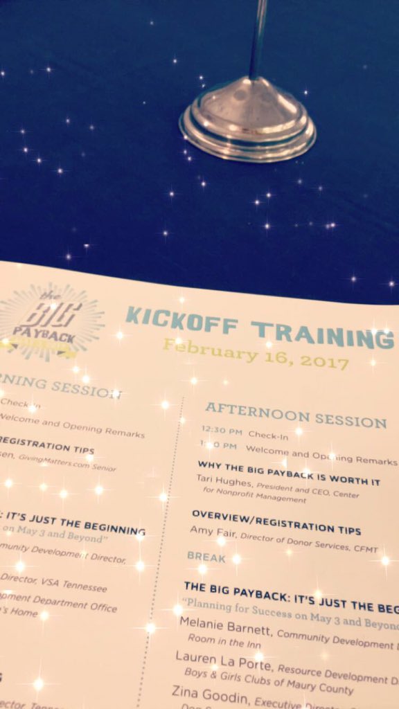 jess_dauphin's tweet photo. Loving the #KickoffTraining for the #BigPayback, @CFMT's 24-hour, community-wide giving day. @NashChiliFest @CommSharesTN https://t.co/IwZtQi3DQ6