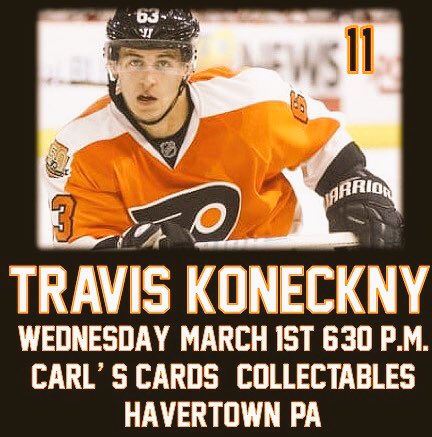 CertainPR's tweet photo. This guy - @NHLFlyers stud rookie @traviskonecny09 stopping by #havertown spot @carlscards 3/1. #FlyersTalk @realPhillyink #LetsGoFlyers https://t.co/F7XSoYUvRS