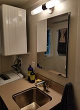 The bathroom of the Alki has a sink deep enough to bathe in...almost. Come see us at the #seattlehomeshow #tinyhouse #tinylifestyle #tinyRV