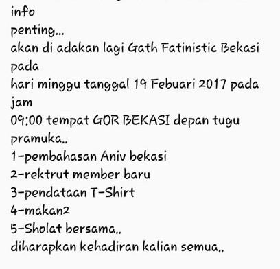 Gathering Fatinistic BEKASI | Minggu 19 Feb 2017 | Pkl 09:00 WIB | Tempat: GOR Bekasi cc: <a href="/Fatinistic_BKS/">Fatinistic Bekasi</a> | More👇