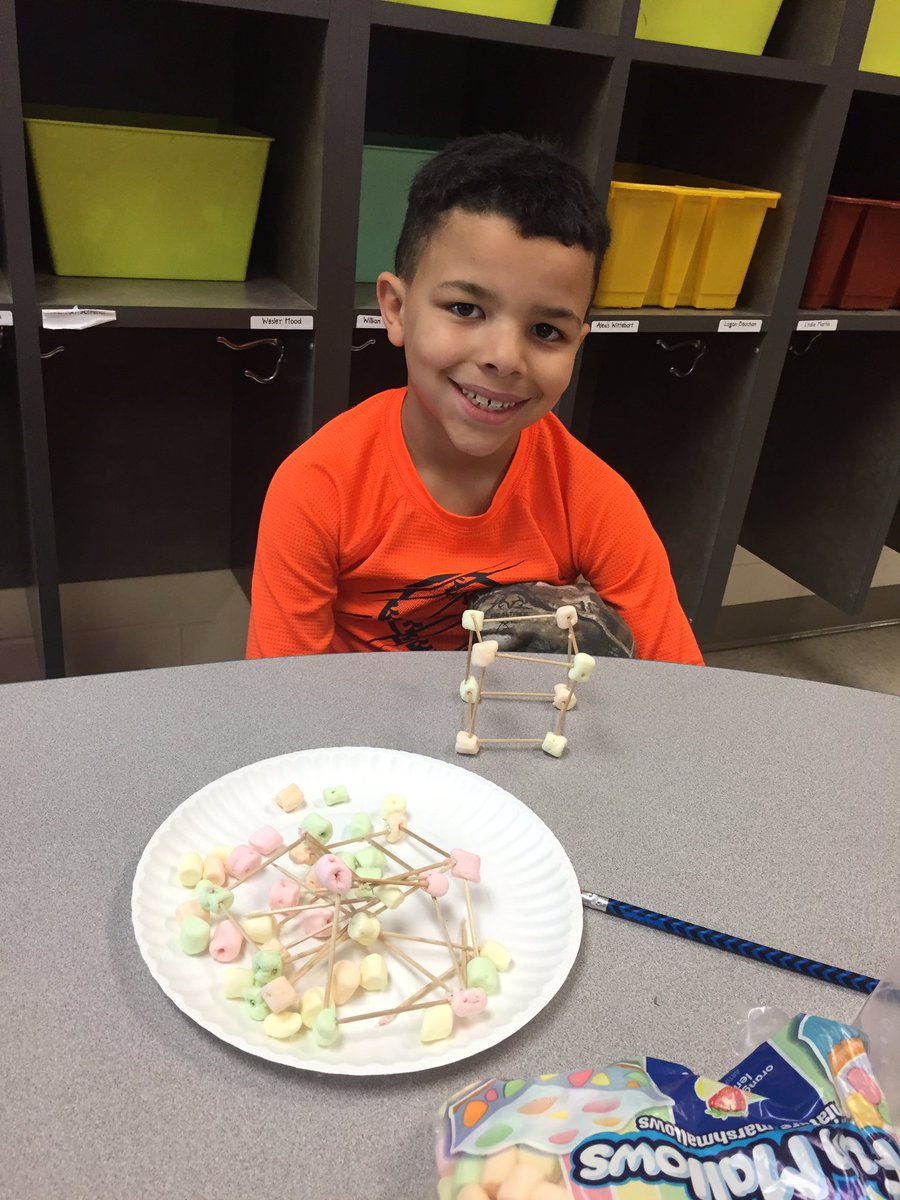 MissJohnson05's tweet photo. This kid was pretty psyched to use marshmallows and toothpicks to make 3D shapes!!  @CPSCrickets https://t.co/0UdRGppLm9
