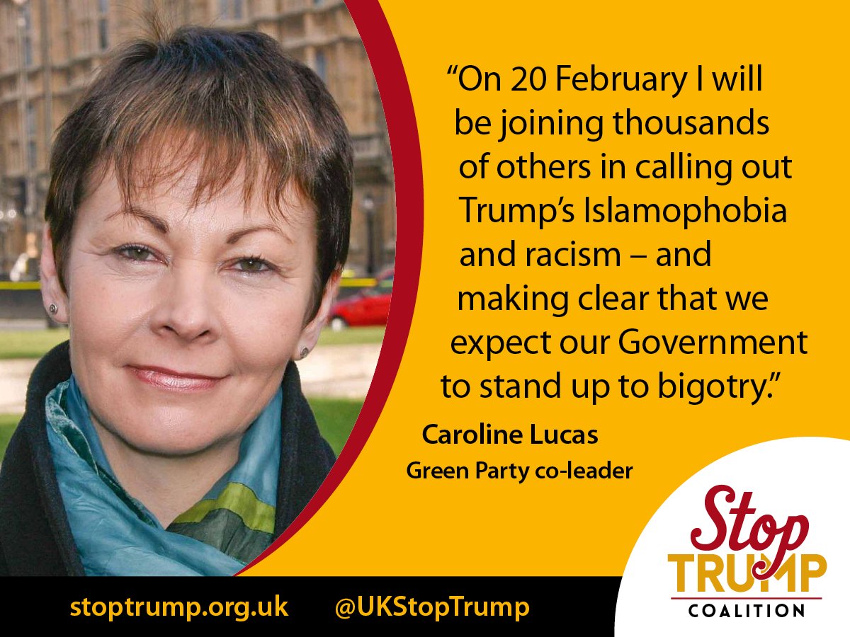 Fantastic to have politicians like <a href="/CarolineLucas/">Caroline Lucas</a> joining us on Monday to #StopTrump. Find your nearest protest here facebook.com/events/1799412…