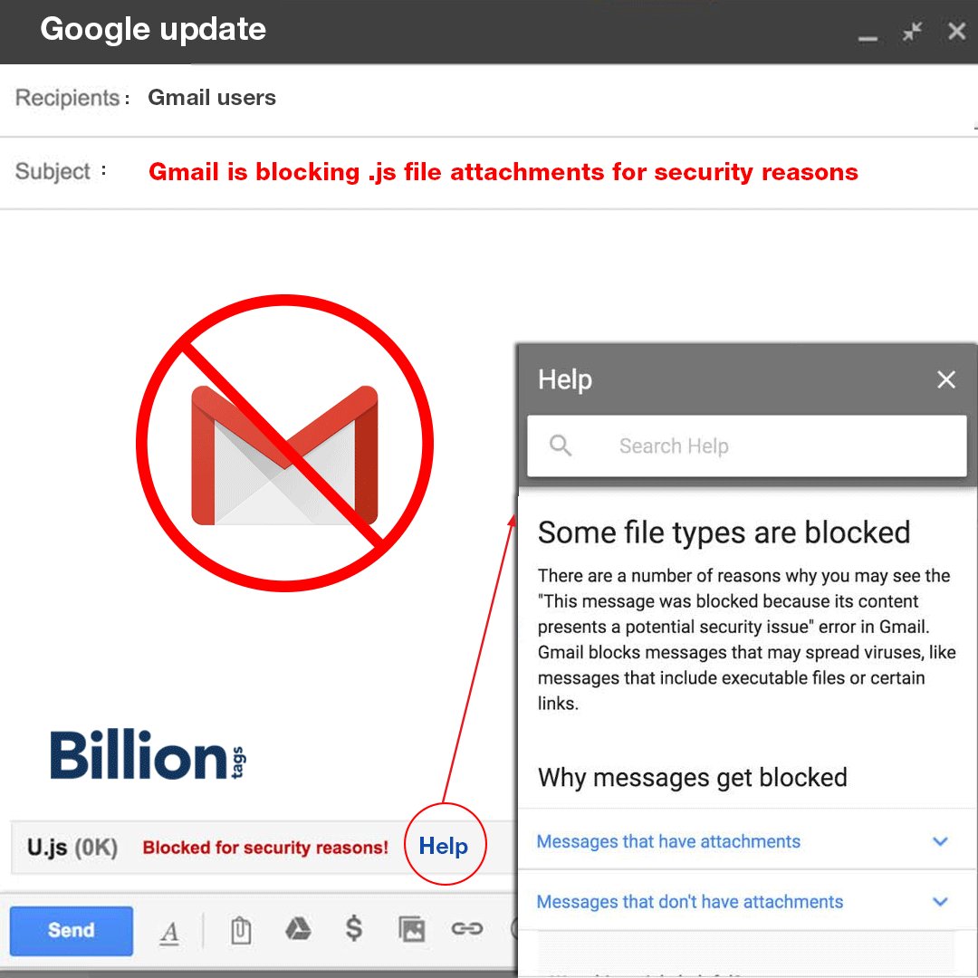 Gmail Blocked sending a .js file from its service. worried of sending .js files? Billiontags recommends upload it to Google Drive and share.