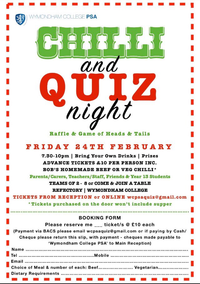 WymondhamColPSA's tweet photo. Parents/Carers Teachers/Staff &amp; friends Have you got your tickets yet for the PSA Chilli &amp; Quiz 24 Feb? Online booking wcpsaquiz@gmail.com https://t.co/kf8NKKtPuT
