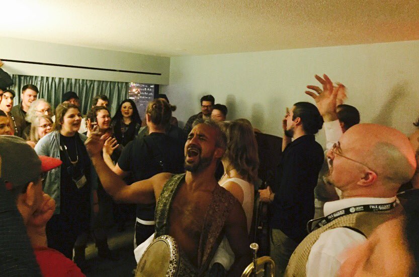 folkalliance's tweet photo. The Lemon Bucket Orkestra has Room 645 hopping! #FAI2017 #FolkAlliance #privateshowcases #ForbiddenFolk @Lemonbucket https://t.co/1VNZ6iCfK4