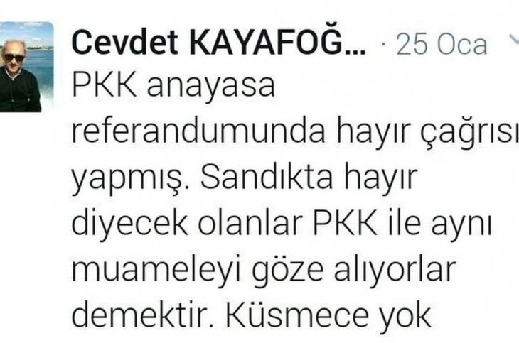 kacsaatolduson's tweet photo. Antalya Cumhuriyet Başsavcı Vekli Cevdet Kayafoğlu,'Hayır'diyecekler 'PKK ile aynı muameleyi görecek'diye twit attığı anlaşılalı 1kaçsatoldu https://t.co/aPpcSArio5