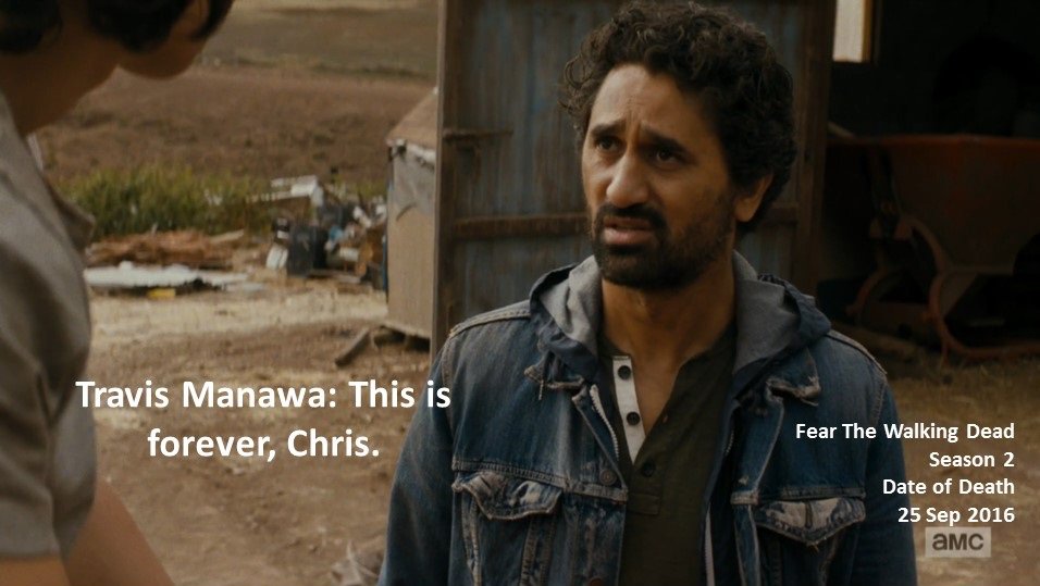 DoctorDoubleTap's tweet photo. #Travis Manawa: This is forever, Chris.
#FearTheWalkingDead
Season 2
#DateOfDeath
25 September 2016
#ZombieApocalyps
#TeamElSereno https://t.co/paQkwB9ACB