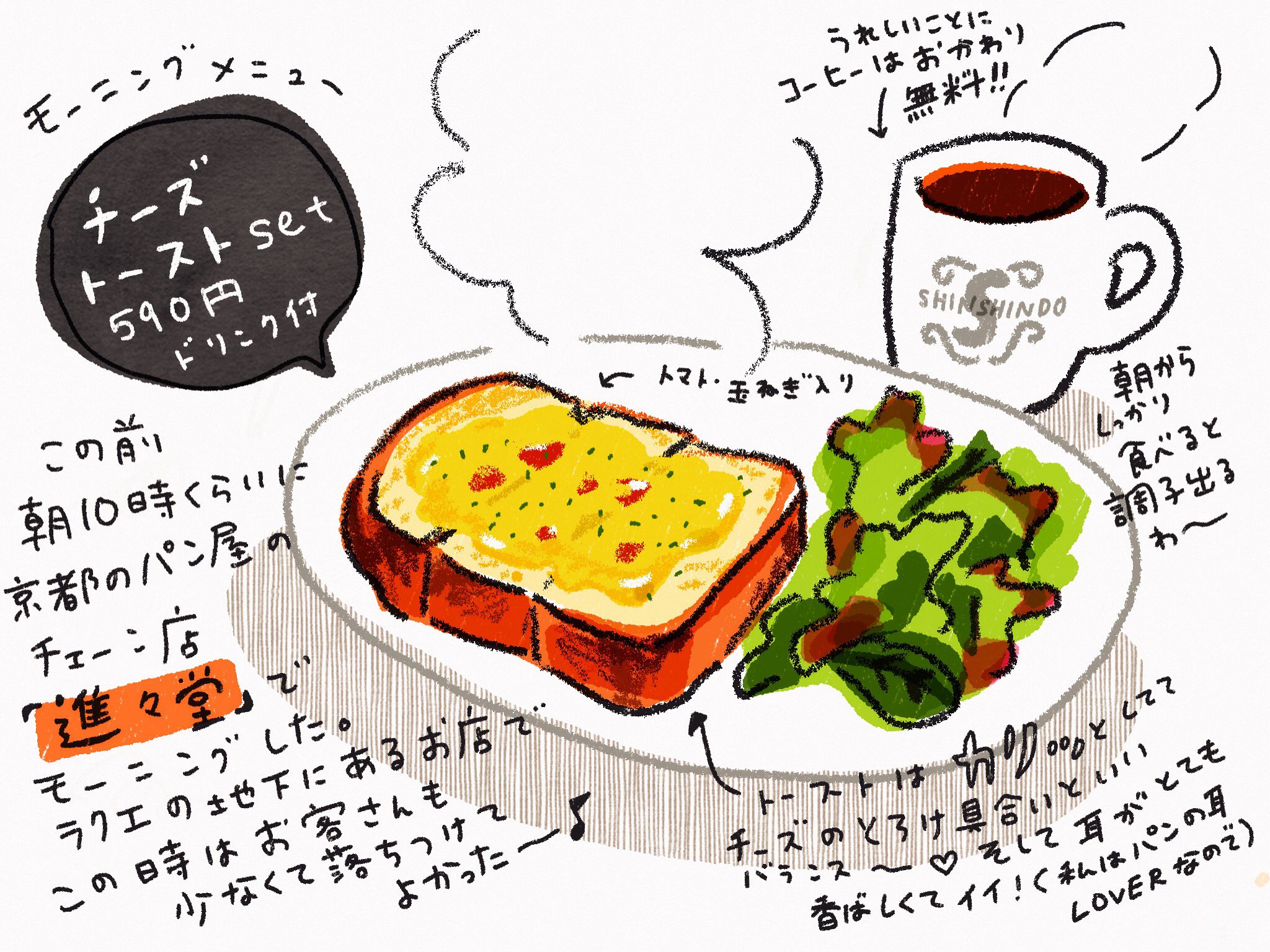 てらいまき イラストレーター 進々堂でモーニング ラクエの地下は朝やってるのはここだけということもあり人も少なく穴場感が ᵔᴥᵔ コーヒーもおかわり自由だしパンも美味しいし好きです モーニング 京都 進々堂 ラクエ烏丸 イラストエッセイ