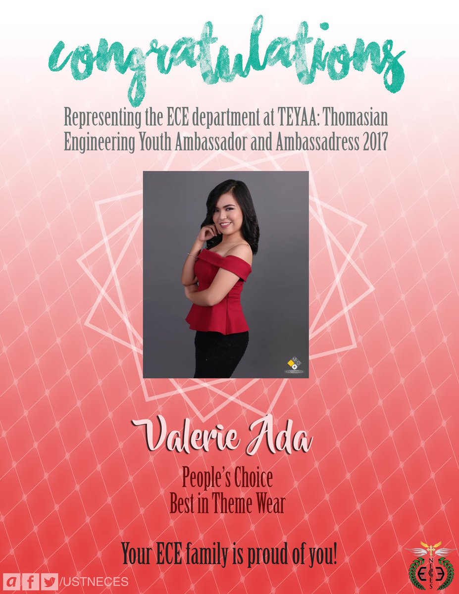ustneces's tweet photo. Thank you and congratulations, Ms. Valeria Ada and Mr. Jim Clomera!
Your ECE family is proud of you!
#ECEPride https://t.co/esKJFq3MdH