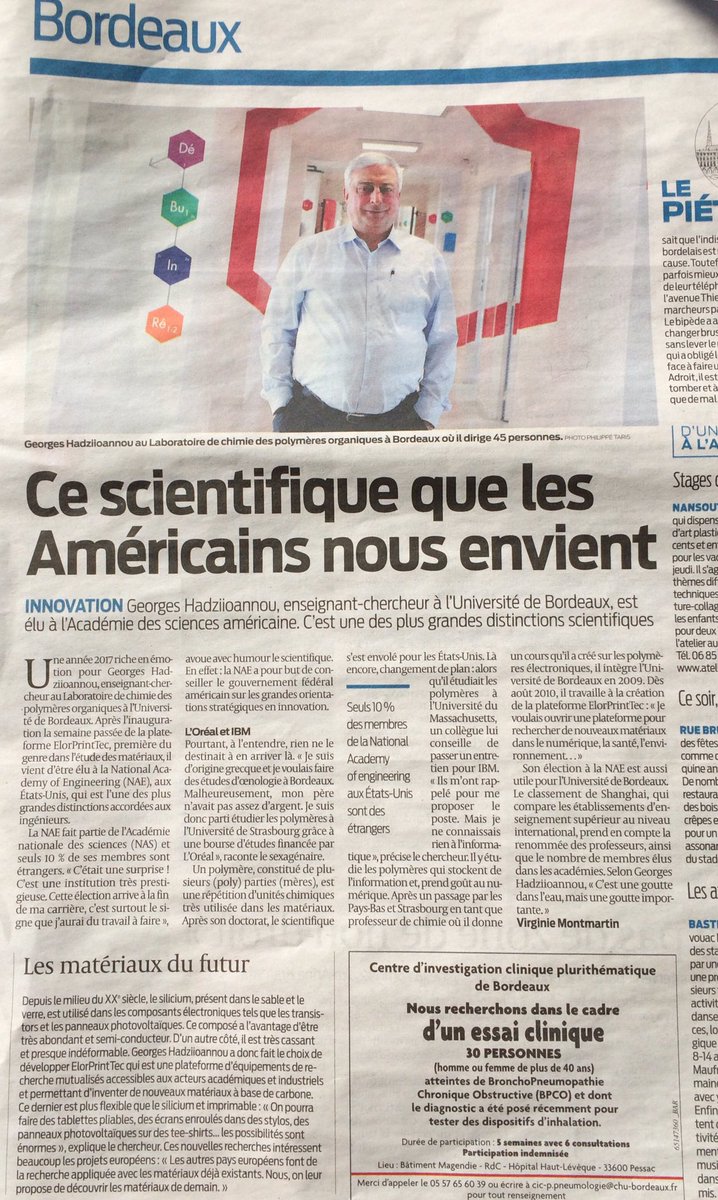 univbordeaux's tweet photo. À lire dans @sudouest aujourd'hui: "@HadziioannouG, ce scientifique que les américains nous envient" #chimie #ElorPrintTec @NAE_DC https://t.co/GoRGT5dSgg