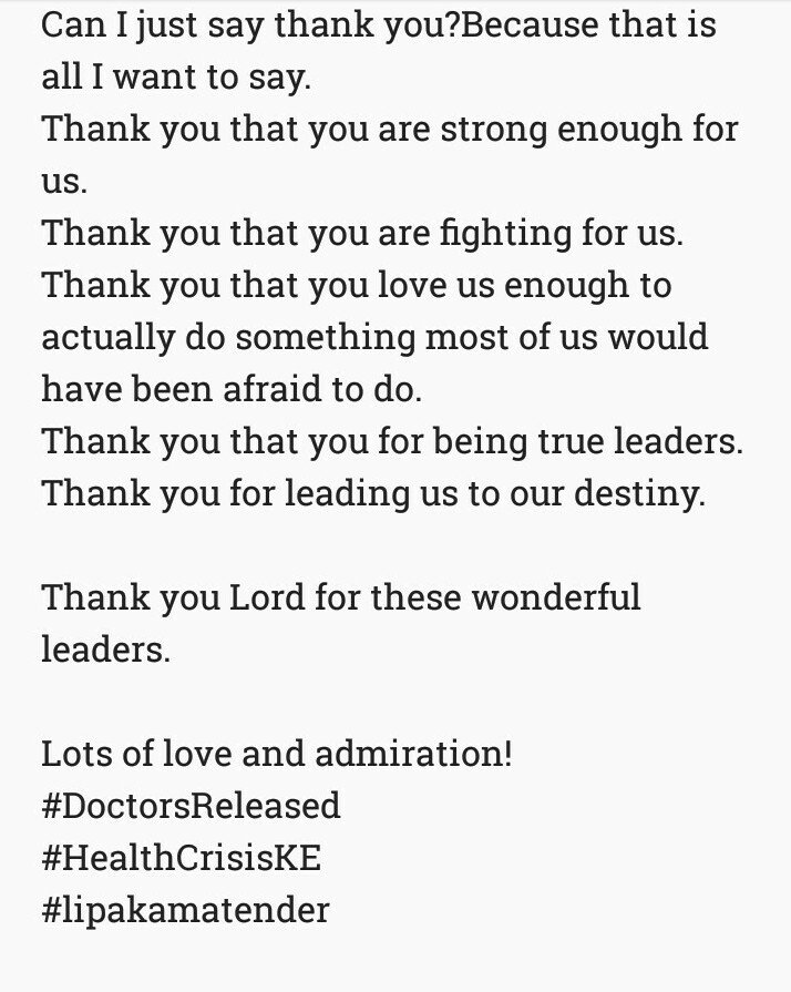 PhuiP's tweet photo. Dear CBA7
Where would we be if we didn't have you by our side? We are so blessed.
Thank you Lord
#HealthCrisisKE #DoctorsReleased https://t.co/VtFKfZR02K