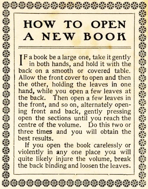 Finer_Point's tweet photo. "@Libroantiguo: How to open a new book, from The Library Guide, April 1909. https://t.co/ReYBjPeaXv"