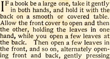 Finer_Point's tweet photo. "@Libroantiguo: How to open a new book, from The Library Guide, April 1909. https://t.co/ReYBjPeaXv"