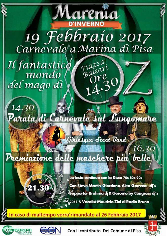 Vi aspettiamo domani pomeriggio al carnevale di Marina di Pisa, nel fantastico mondo del mago di Oz❗🎷

#GirlesqueStreetBand