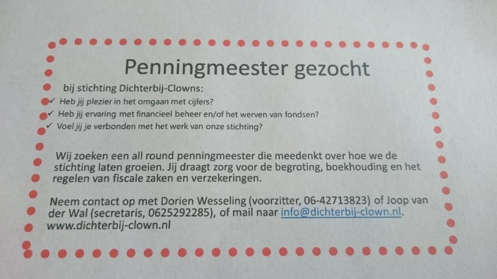 Vacature penningmeester bij stichting <a href="/DichterbijClown/">St. Dichterbij-Clown</a>, delen is lief!