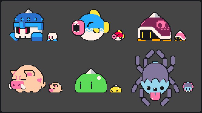 kiwicode's tweet photo. Game bosses + minion foe #DropWizard #pixelart #indiedev #screenshotsaturday https://t.co/Lot8pPHm72