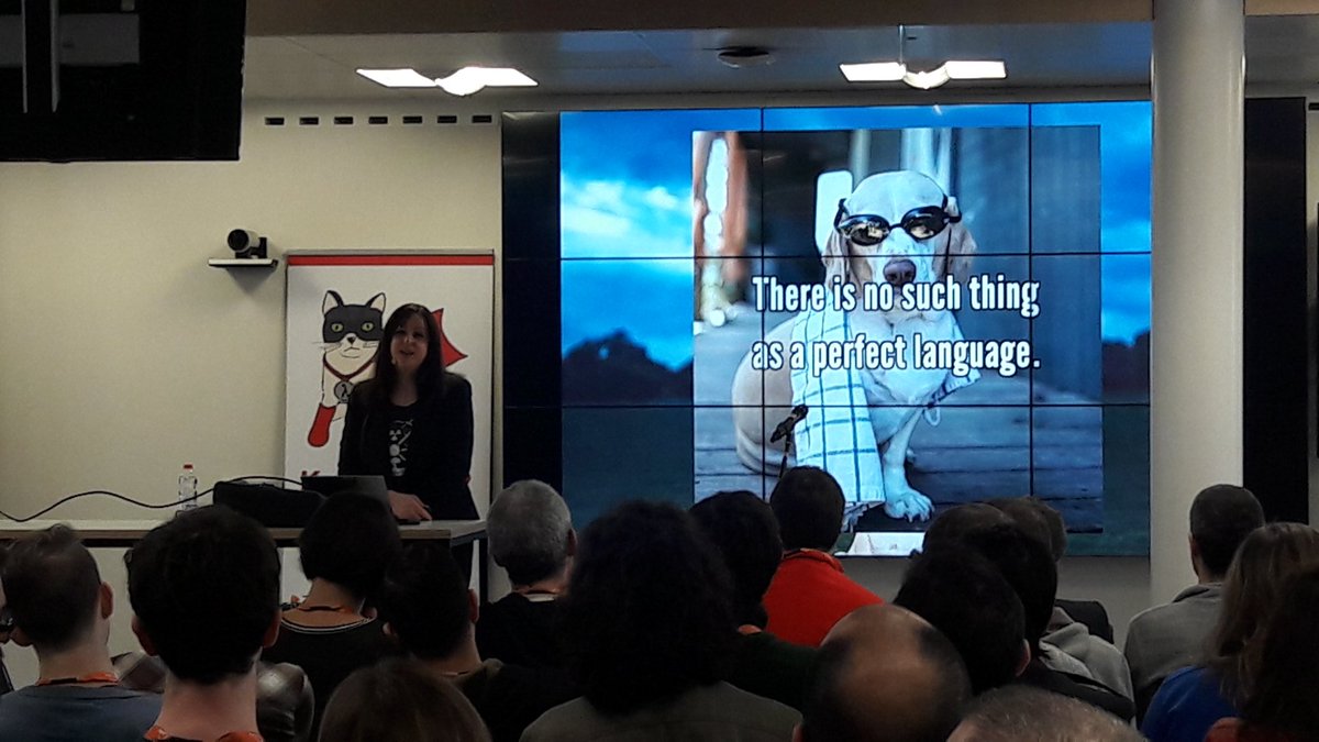 #KatsConf2 kicks off with dogs! <a href="/bodil/">life</a> on the "perfect" lang: all abt ergonomics, abstraction, efficiency, tooling, community, and tradeoffs