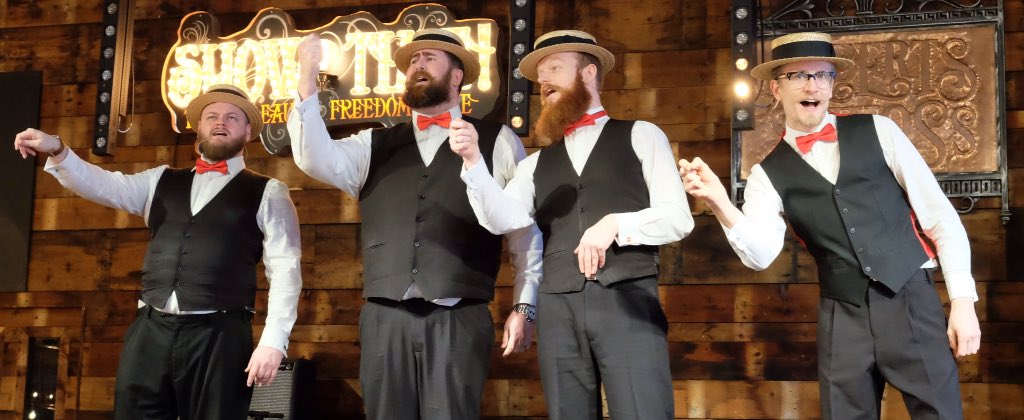 Meanwhile at <a href="/AlbertsSchloss/">Albert's Schloss</a> #barbershopquartet #barbershop #singing #SHOWTIME #hats #bowtie #waistcoat #gentlemen