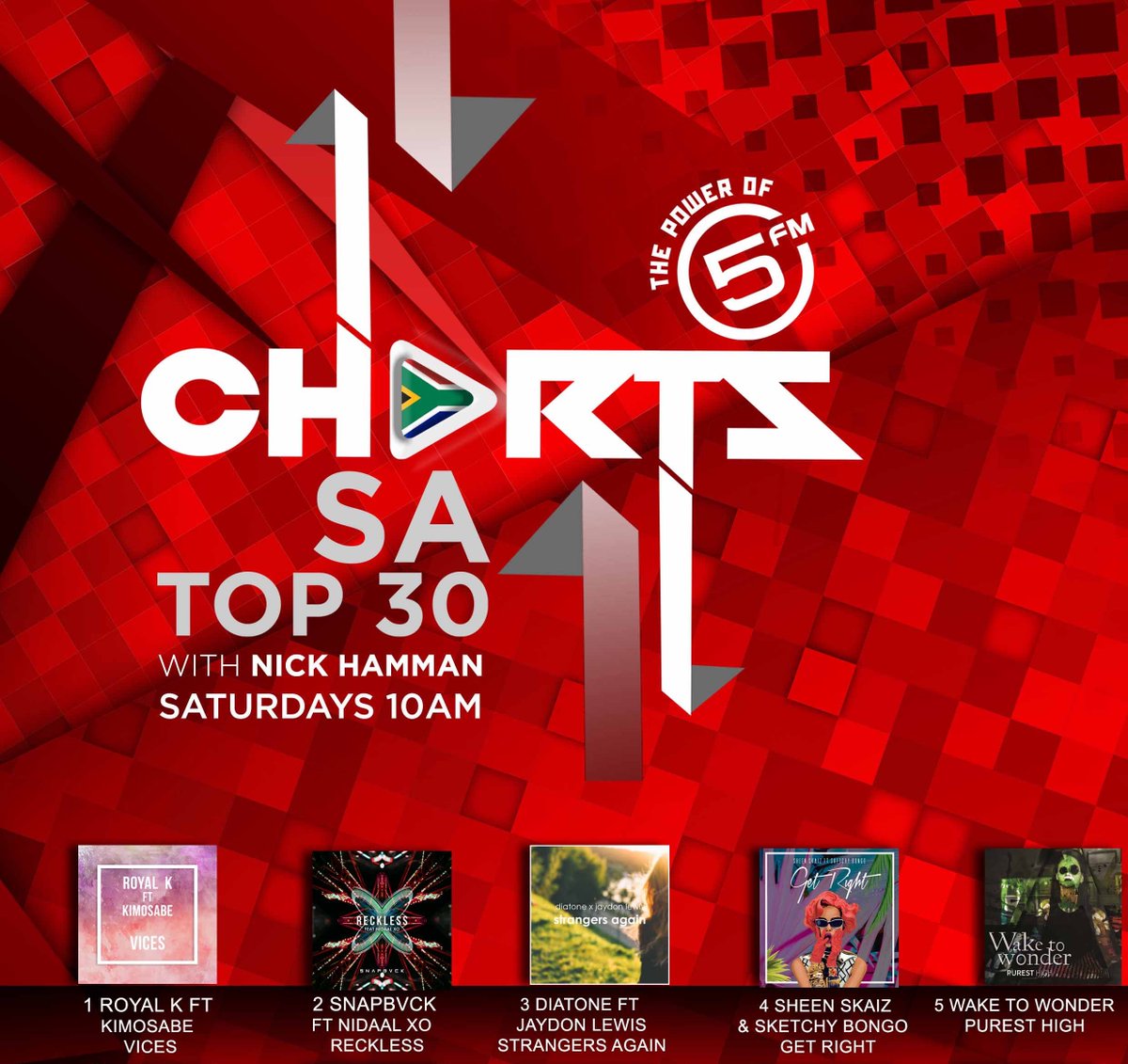 Number 1 once again - <a href="/DjRoyalK/">Kyle Alroy</a>  #SATOP30 #5FMCHARTS 

5 <a href="/WaketoWonder/">Wake to Wonder BAND</a> 

4 <a href="/SHEEN_SKAIZ/">@SHEEN_SKAIZ</a> 

3 <a href="/DiaTone_Music/">DiaTone</a> 

2 <a href="/SNAPBVCK/">SNAPBVCK</a>