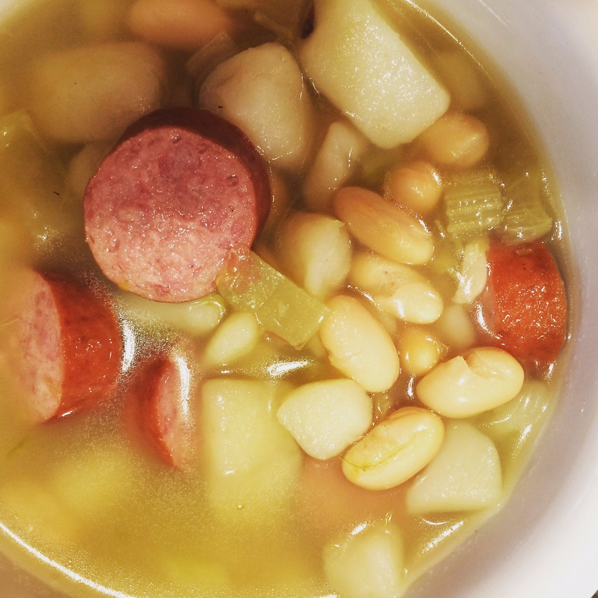 Warm weekend ahead, glad we got 2share smoky sausage, potato, bean &amp; greens soup-greens added last! #foodislove #yourhomecook #affordable