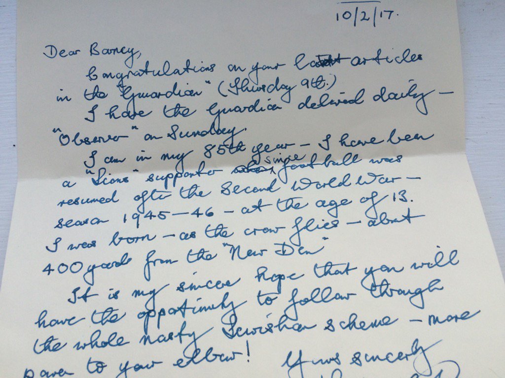 Just got this from an 85 yr oldMillwall fan. Sharing because 1. Football is important and 2. Now that's handwriting