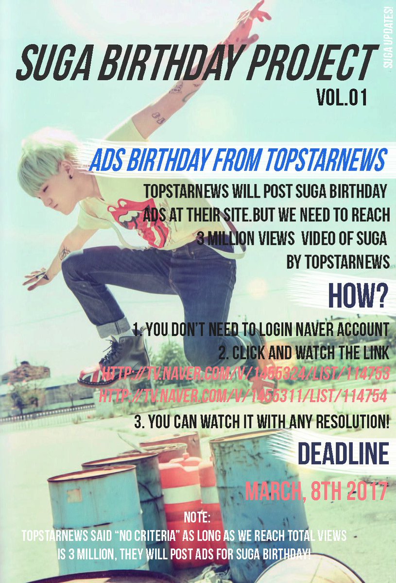 sugaupdates's tweet photo. [SUGA BIRTHDAY PROJECT VOL.01] Let's join ARMYs! We need reach the goals!
Watch it: https://t.co/nOc3CNpm1e / https://t.co/wf3t89MJgu https://t.co/DWO8st3Te0