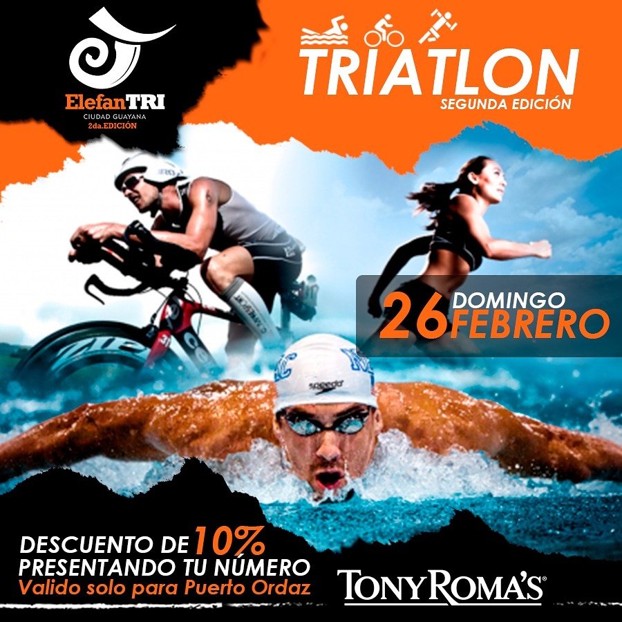 Puroeventos's tweet photo. Si eres Triatleta del #Elefantri obten un 10% de descuento en @TonyRomasVE Puerto Ordaz Sabado 25/2 y Domingo 26/2 presenta tu numero https://t.co/2QCmL9ZA8h